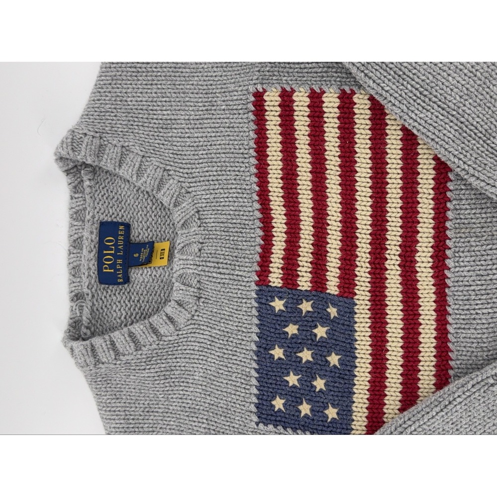 Polo Ralph Lauren American Flag Knit Sweater Kids Grey Size 6 Cotton Pullover - Picture 2 of 6